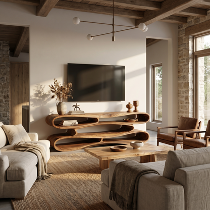 Sculptural Wood TV Cabinet Nature Inspired Entertainment Console For Living Room
