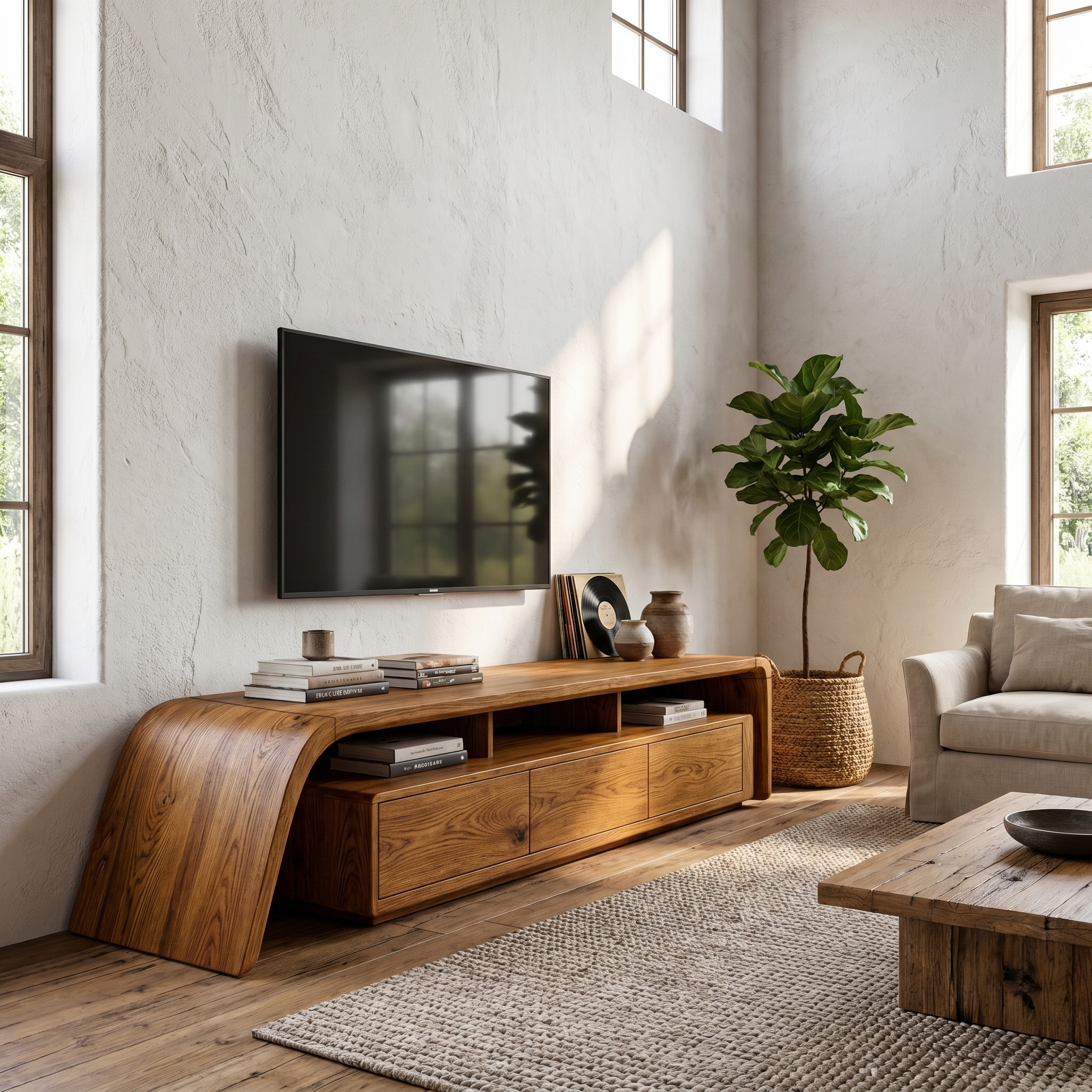 Modern TV Cabinet With Built In Storage And Rounded Curved Edges For Living Room