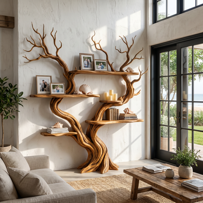 Organic Tree Wall Shelf With Multi Tier Display Shelves For Home