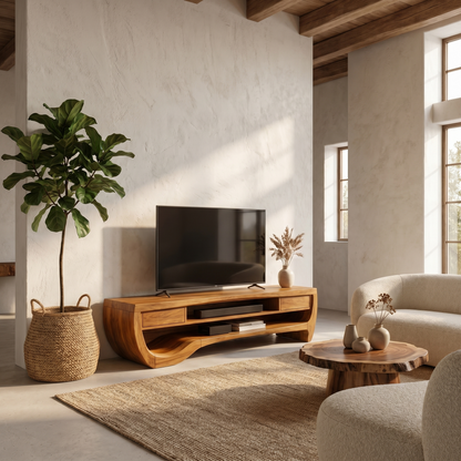 Organic TV Cabinet With Open Storage And Sculptural Curved Wood Design For Living Room