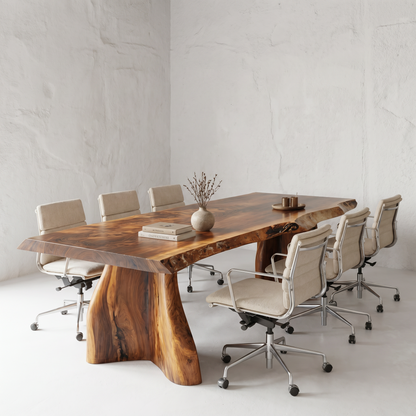 Rustic Live Edge Executive Desk With Sculptural Solid Wood Base For Home Office