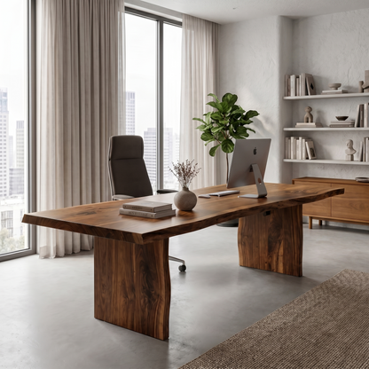 Rustic Live Edge Wooden Desk With Solid Wood Pedestal Base For Home Office