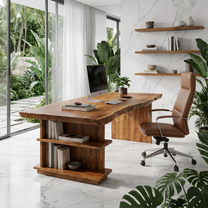 Rustic Executive Desk With Built In Bookshelf And Solid Wood Design For Home Office