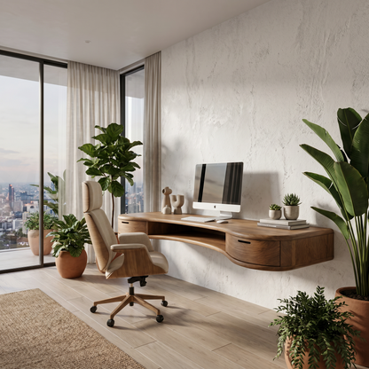 Modern Floating Desk With Built In Drawer Storage And Curved Wood Design For Home Office And Workspace