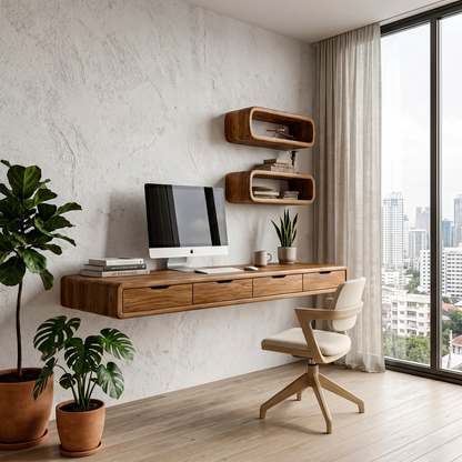 Modern Floating Desk With Built In Drawer Storage And Wall Mounted Shelves For Home Office And Workspace