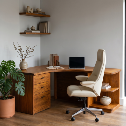 Modern Corner Desk With Built In Drawer Storage And Open Shelves For Home Office And Workspace