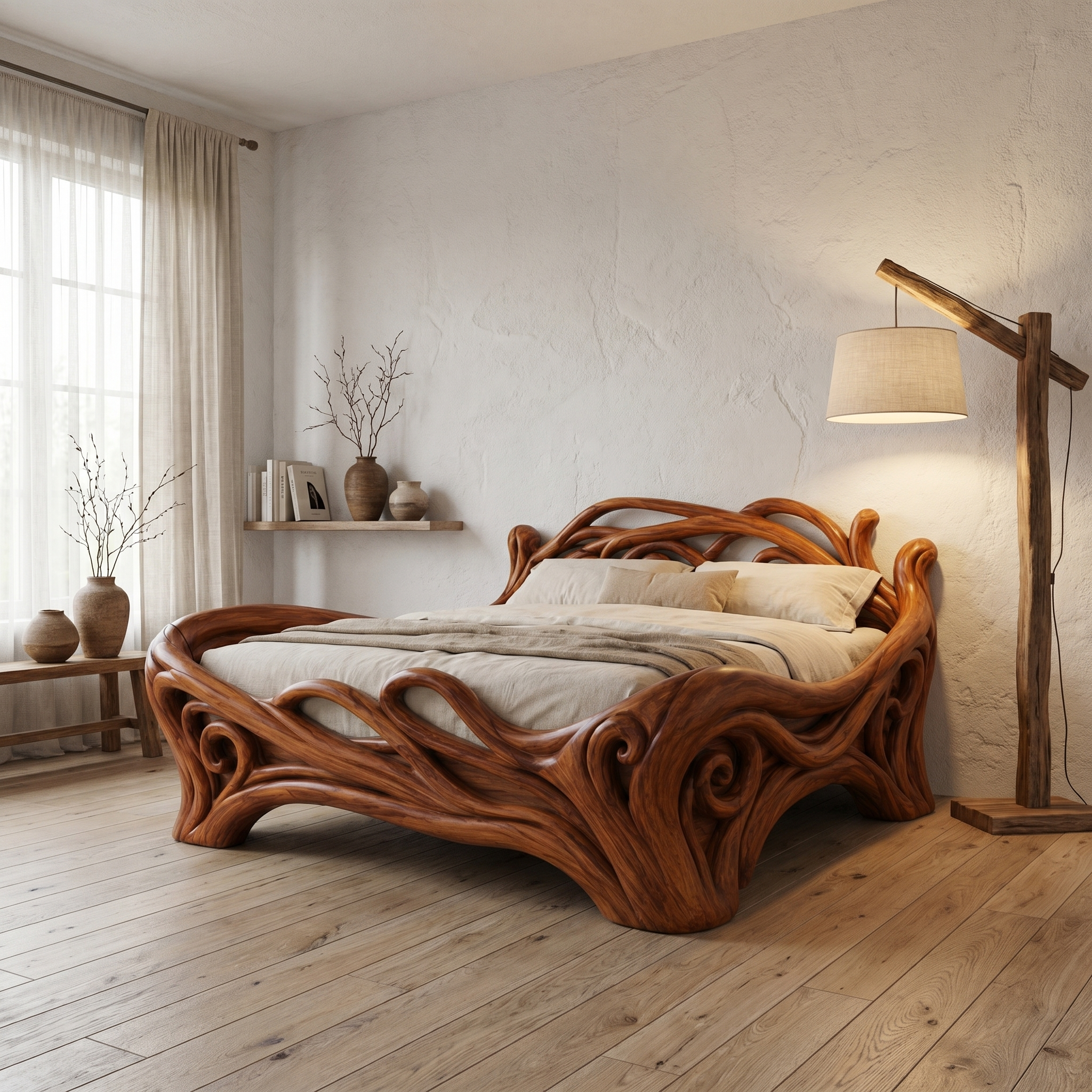 Organic Sculptural Bed Frame With Flowing Root Inspired Wood Design For Bedroom