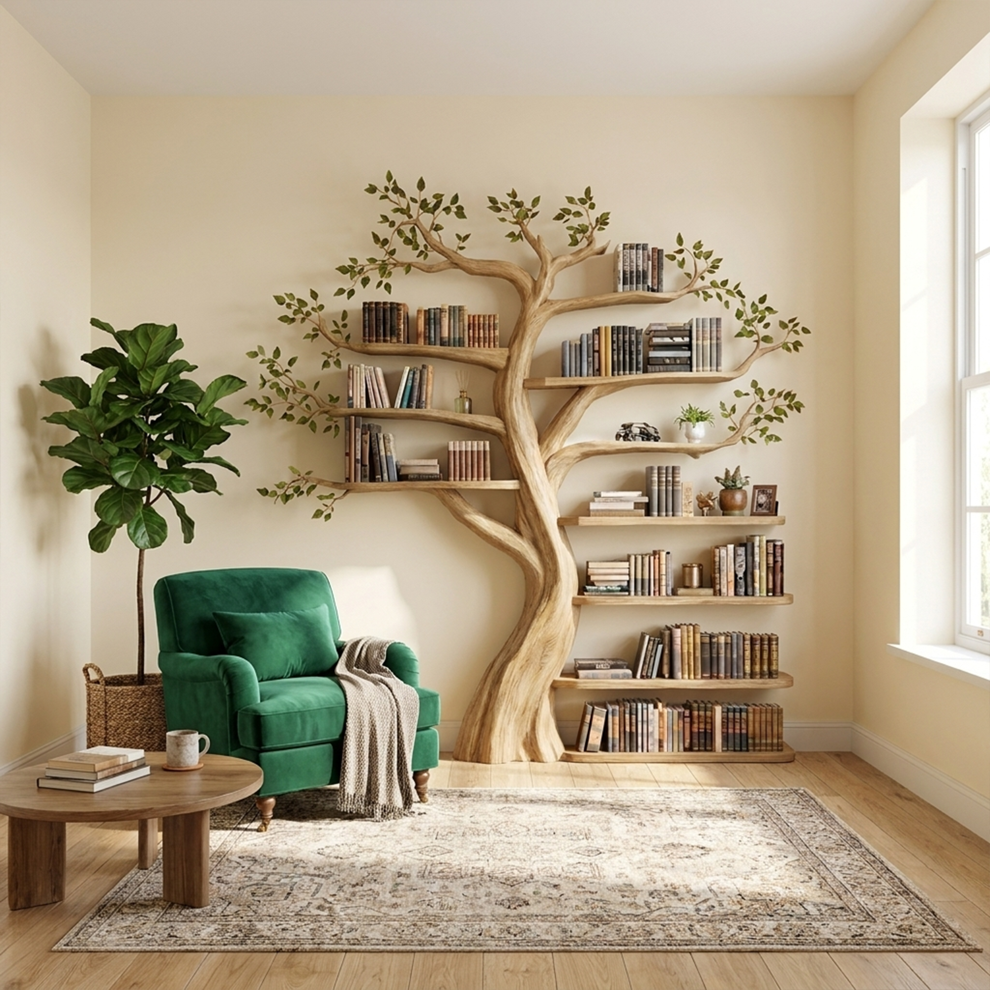 Organic Tree Bookshelf Living Room Interior Sculptural Wall Display