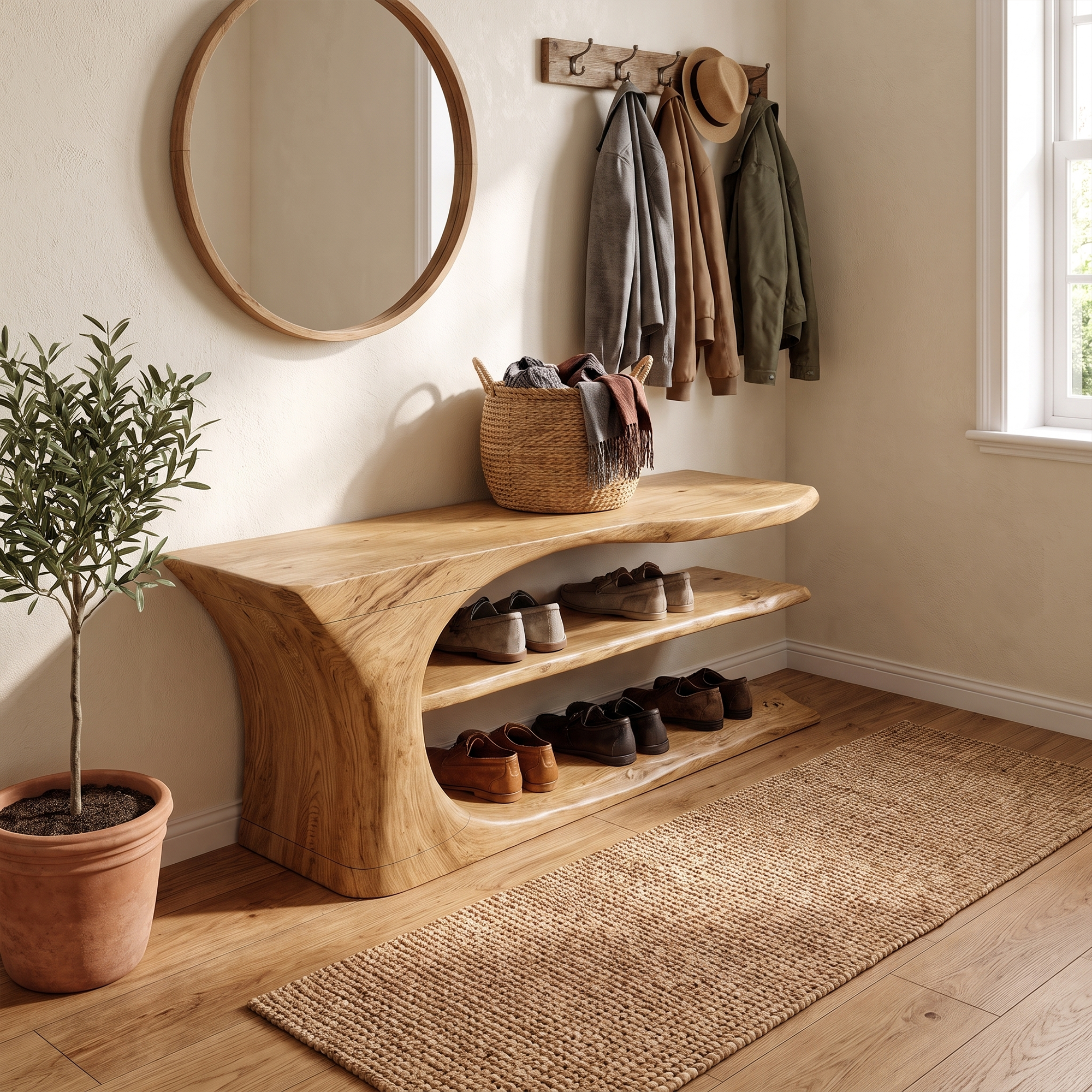 Mid Century Handcrafted Wooden Shoe Storage Bench Home