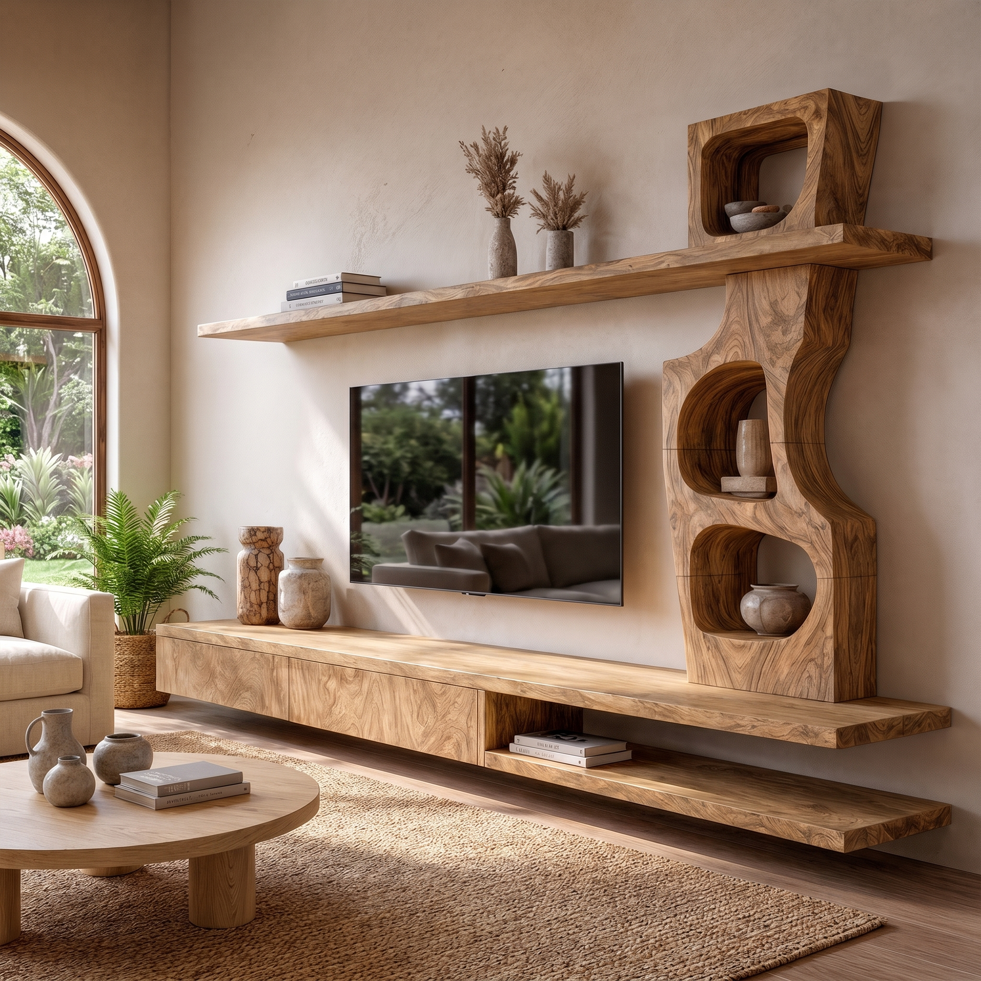 Sculptural TV Cabinet With Tree Inspired Storage Shelves For Living Room