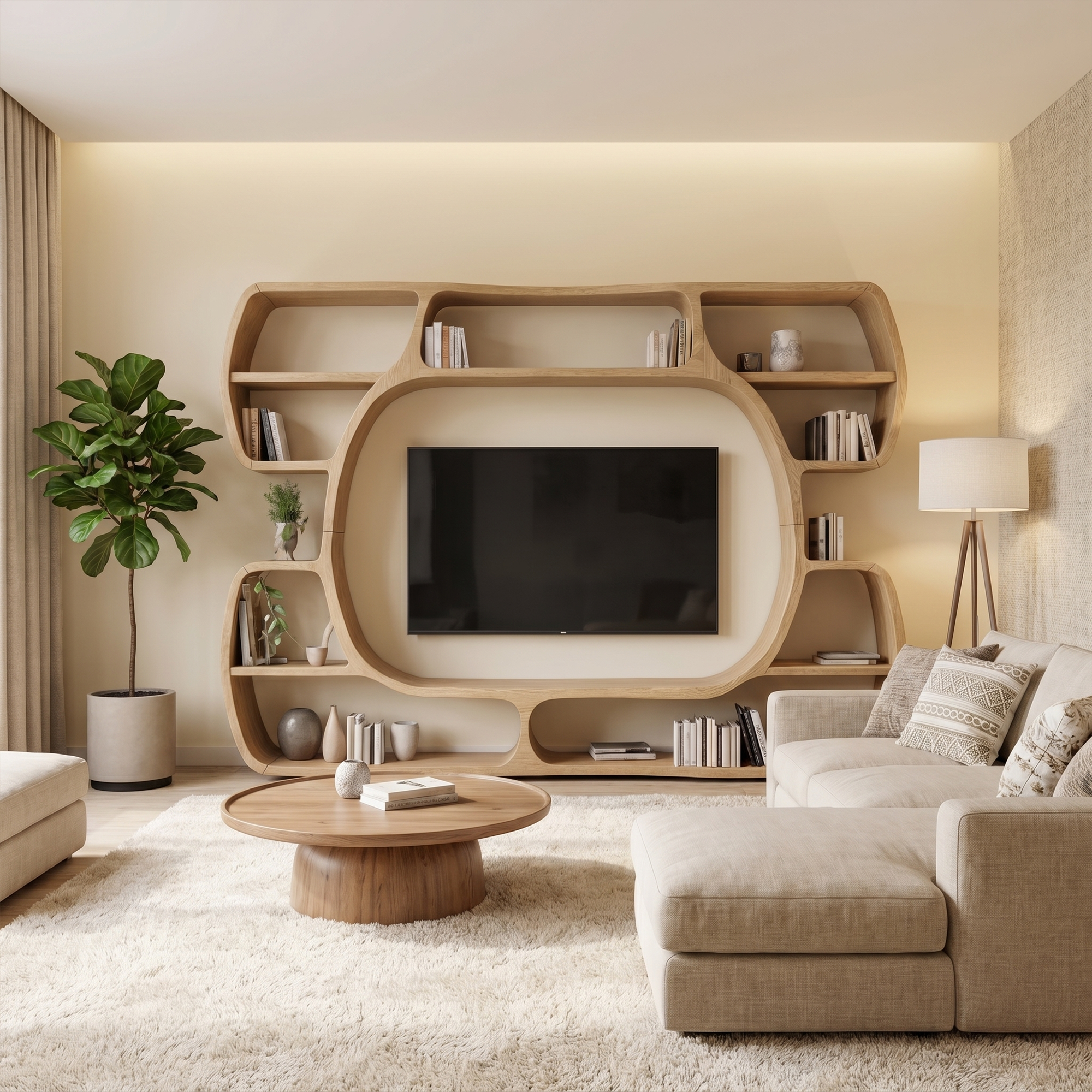 Organic Entertainment Center With Sculptural Surround Shelves For Living Room