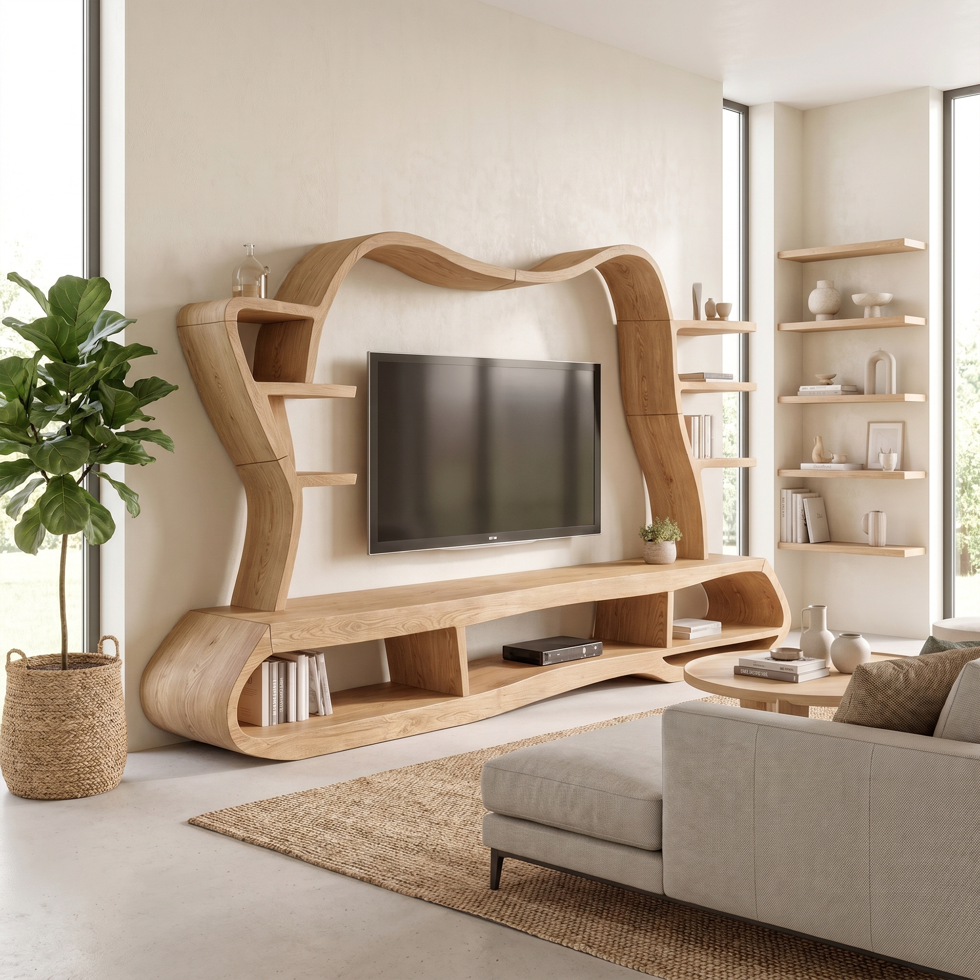 Modern Entertainment Center With Sculptural Curved Shelving For Living Room