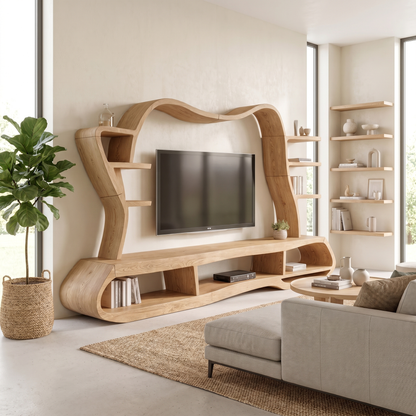 Modern Entertainment Center With Sculptural Curved Shelving For Living Room
