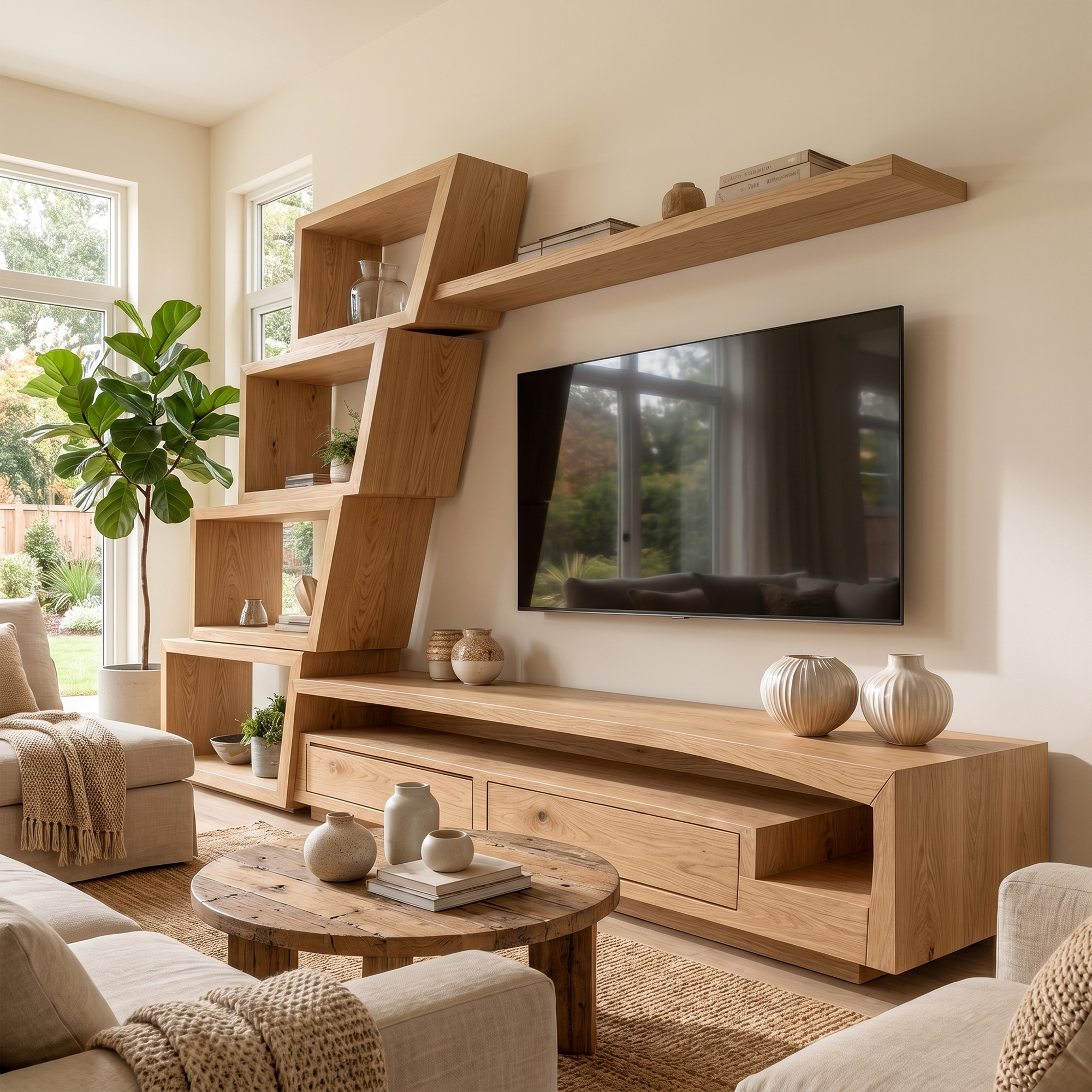 Organic TV Cabinet With Artistic Open Shelving System For Living Room