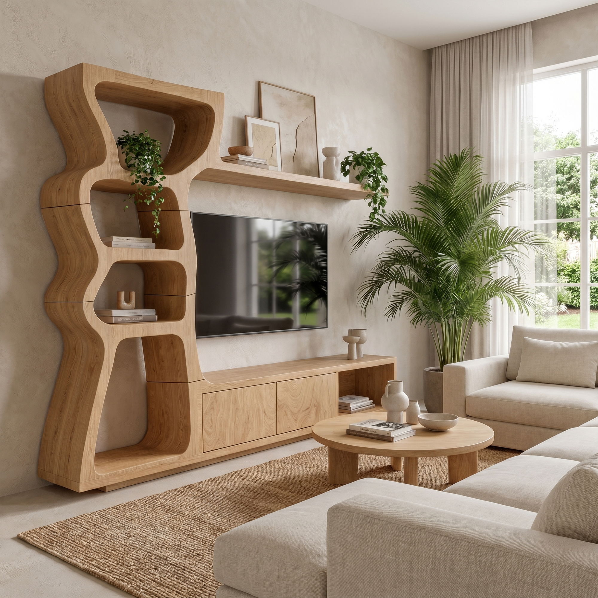 Modern TV Cabinet With Curved Built In Display Shelves For Living Room