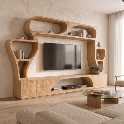 Statement TV Console With Sculptural Wall Storage System For Living Room