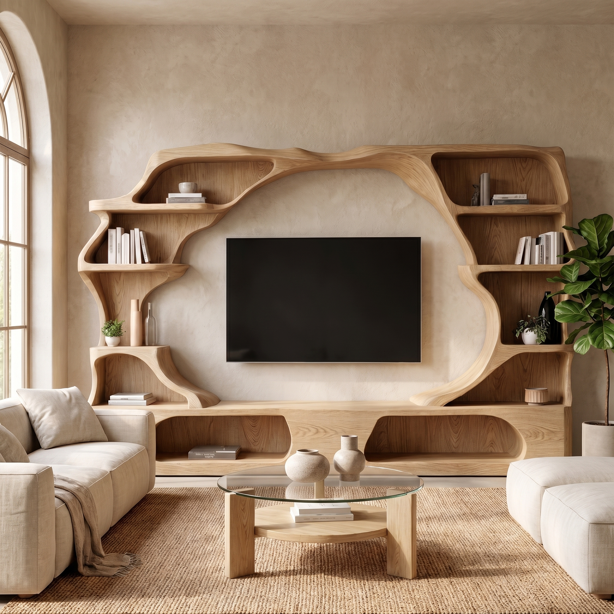 Nature Inspired Entertainment Center With Organic Display Shelves For Living Room