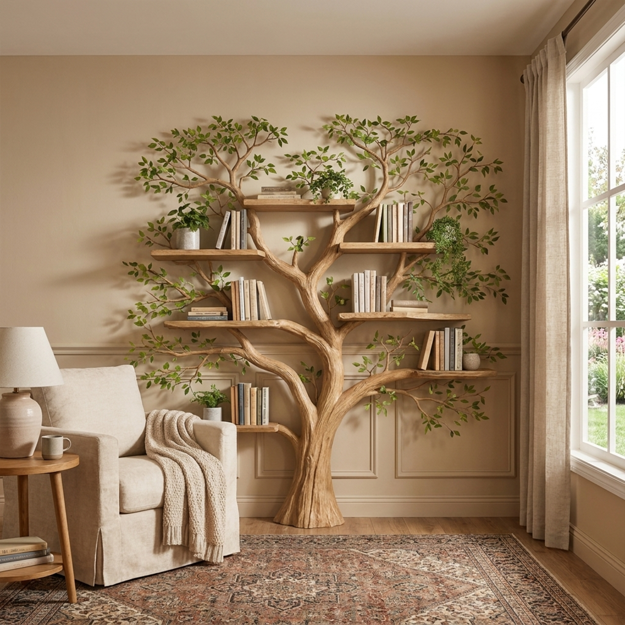Handcrafted Tree Storage Bookcase Living Room Interior Living Wall Feature
