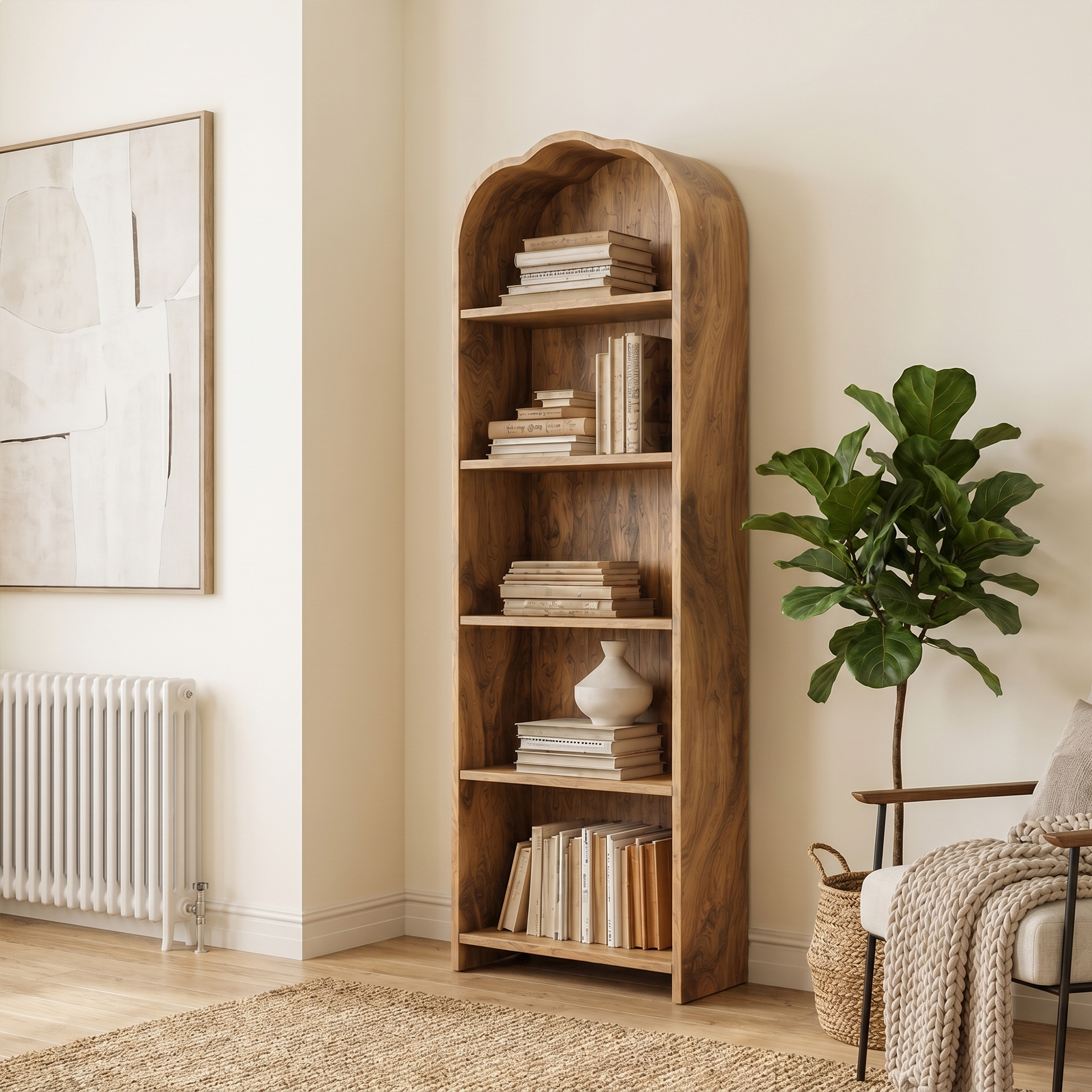 Rustic Arched Bookshelf With Solid Wood Frame And Open Display Shelves For Living Room