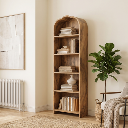 Rustic Arched Bookshelf With Solid Wood Frame And Open Display Shelves For Living Room
