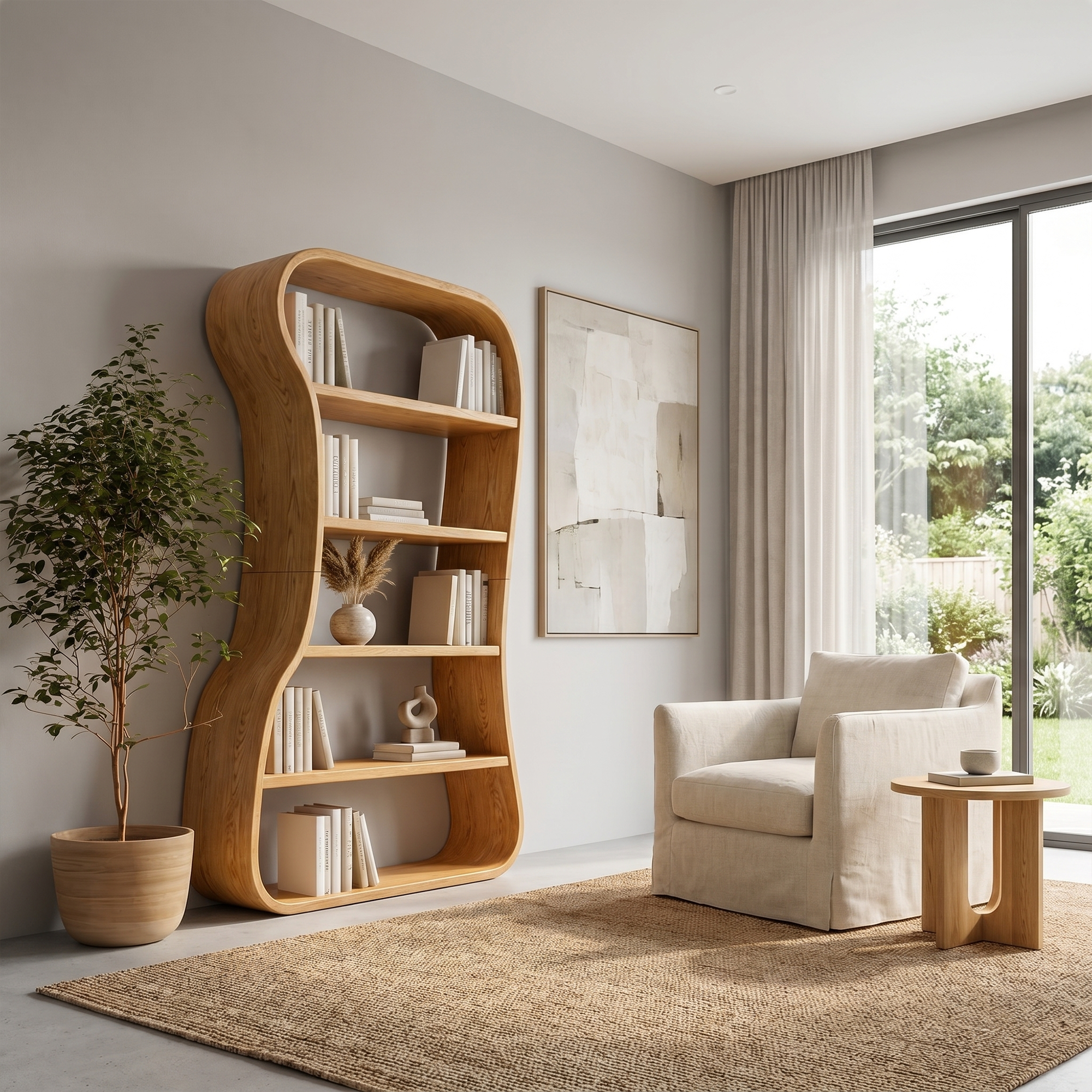 Organic Bookshelf With Sculptural Curved Solid Wood Shelves For Living Room
