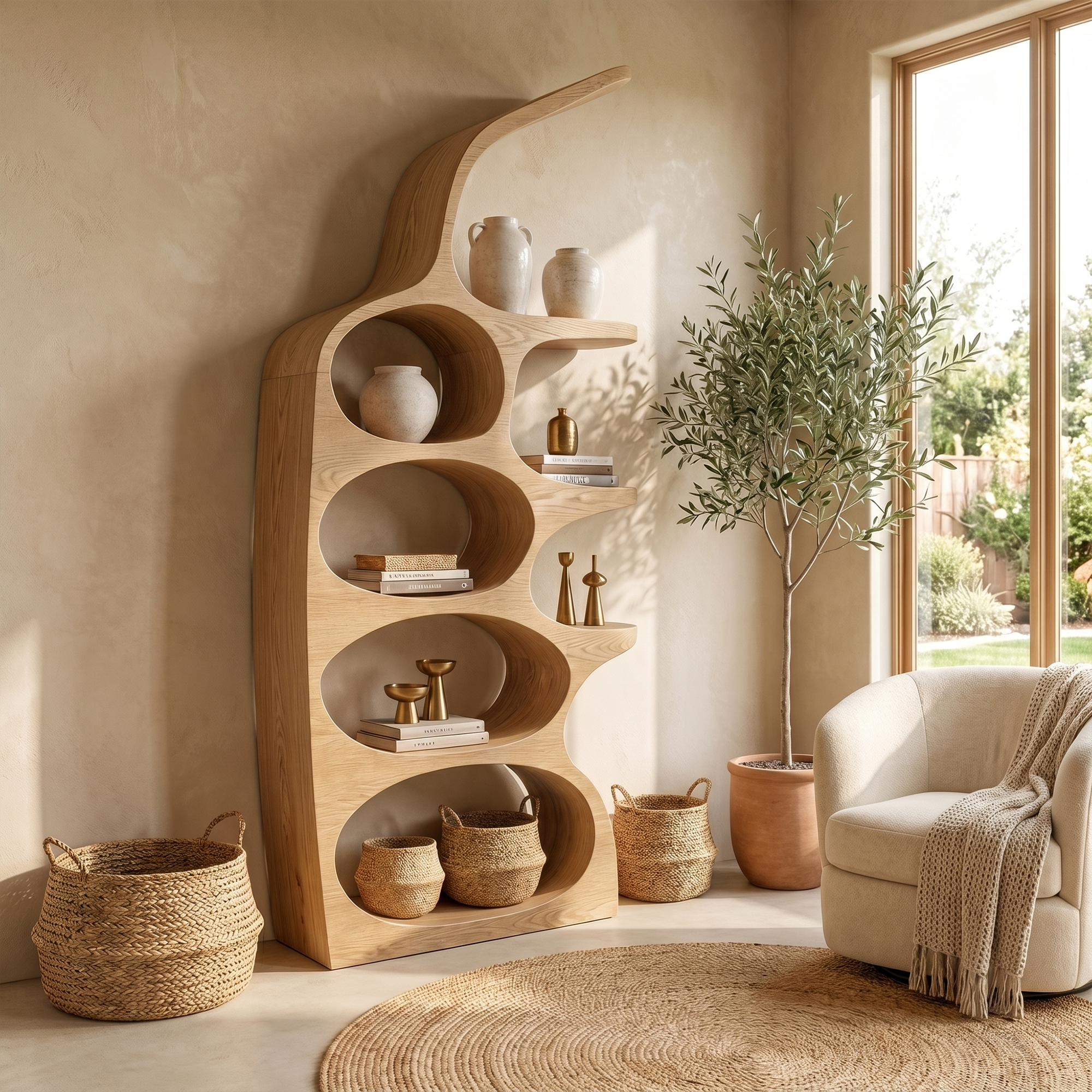 Modern Sculptural Bookshelf With Curved Open Shelves And Solid Wood Design For Living Room