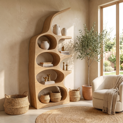 Modern Sculptural Bookshelf With Curved Open Shelves And Solid Wood Design For Living Room
