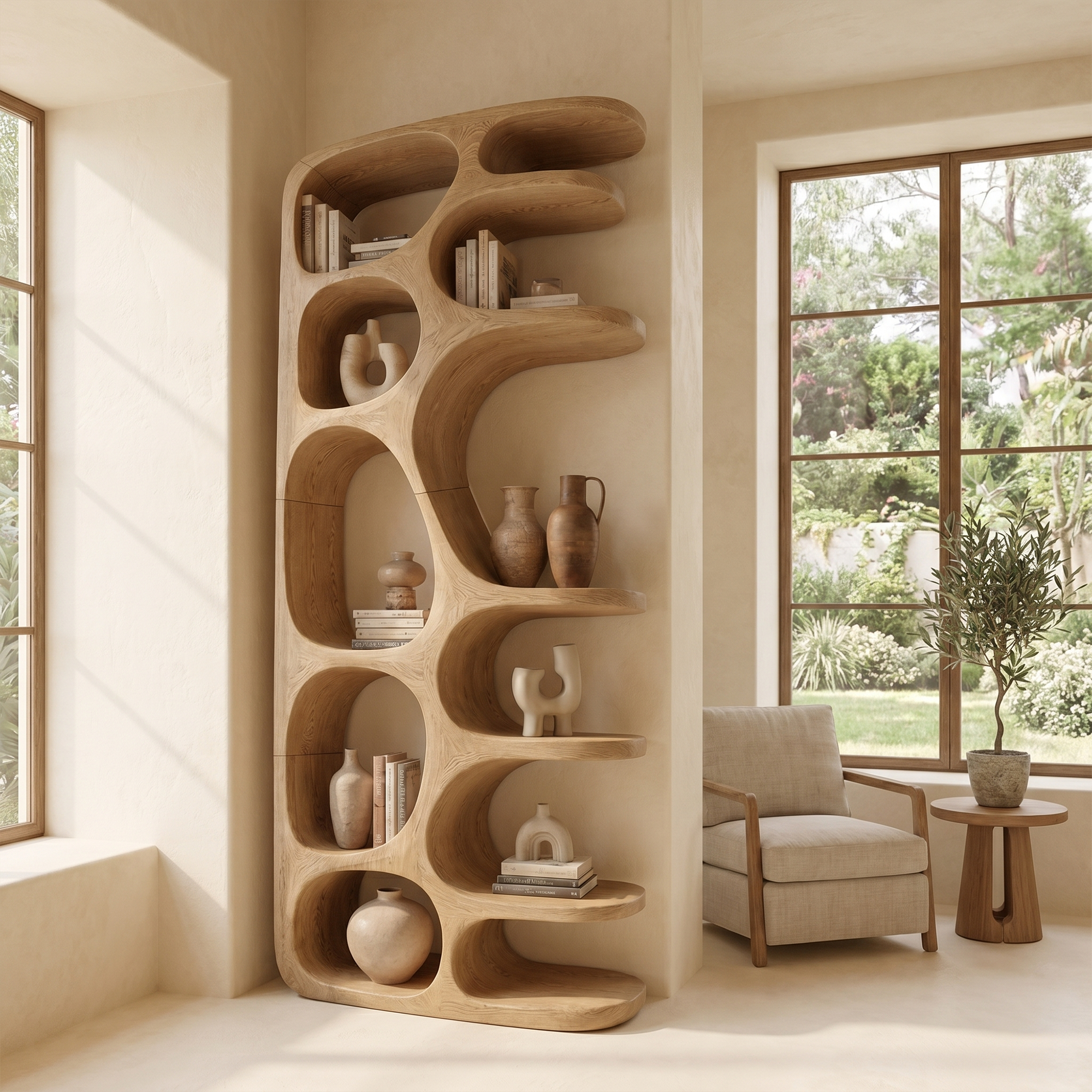 Minimalist Sculptural Bookshelf With Solid Wood Construction For Living Room