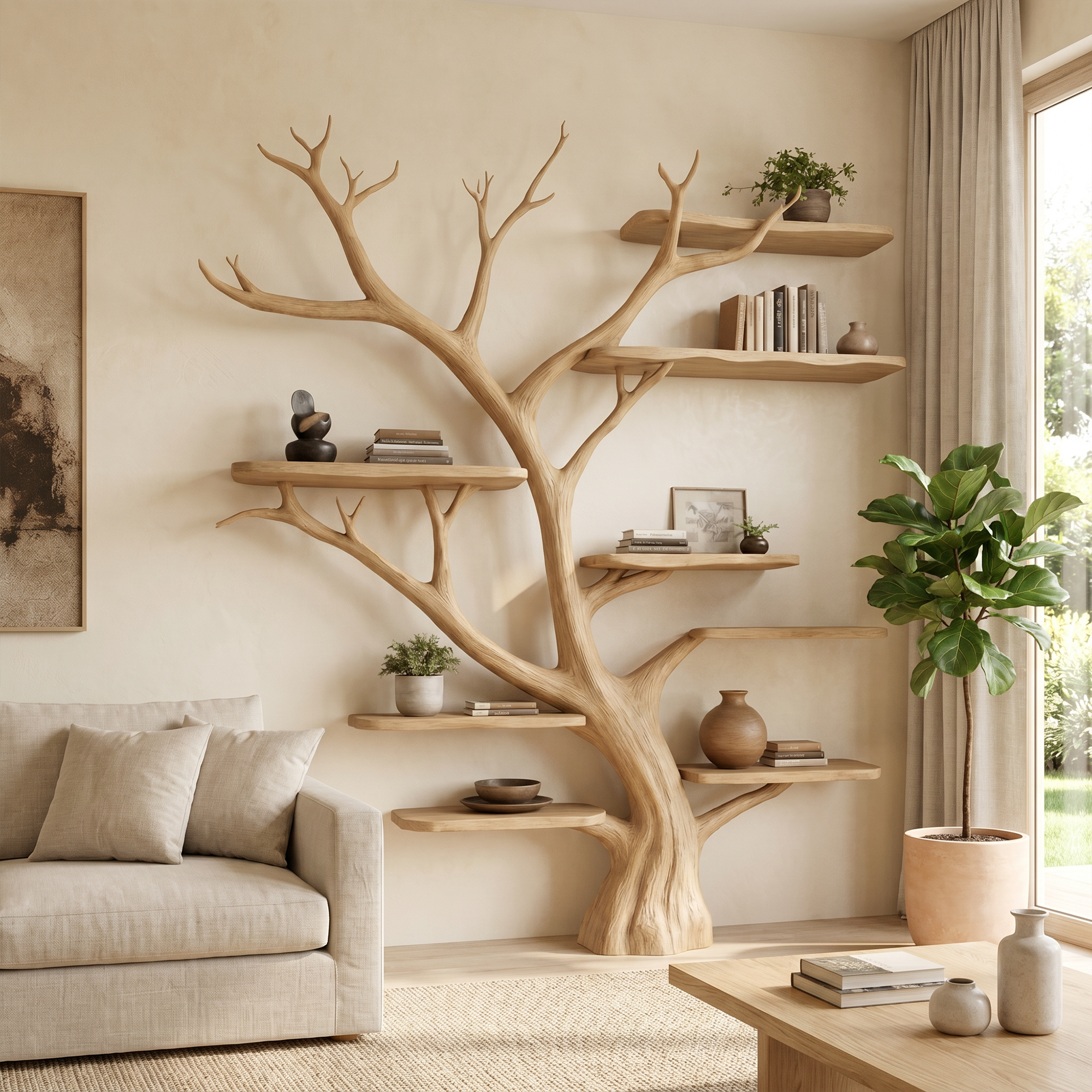 Rustic Tree Wall Bookshelf Entryway Study