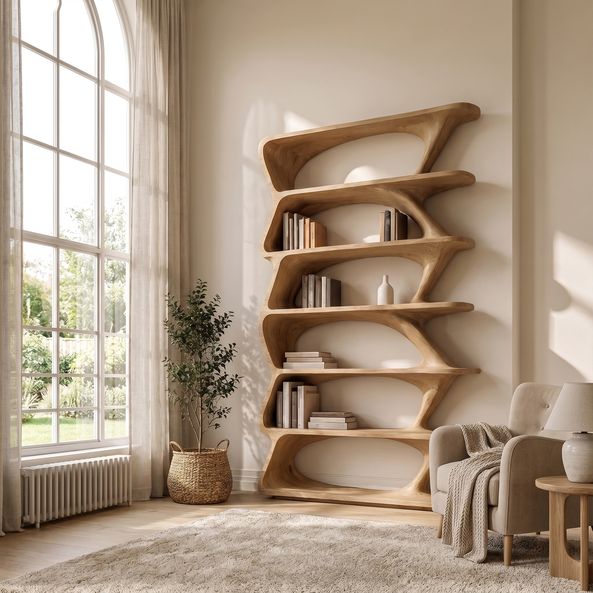 Modern Organic Bookshelf With Sculptural Asymmetrical Shelves And Solid Wood Frame For Living Room