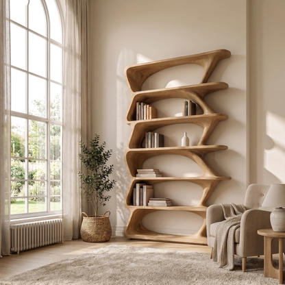 Modern Organic Bookshelf With Sculptural Asymmetrical Shelves And Solid Wood Frame For Living Room