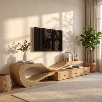 Modern TV Cabinet With Sculptural Curved Wood Base And Built In Storage Drawers For Living Room