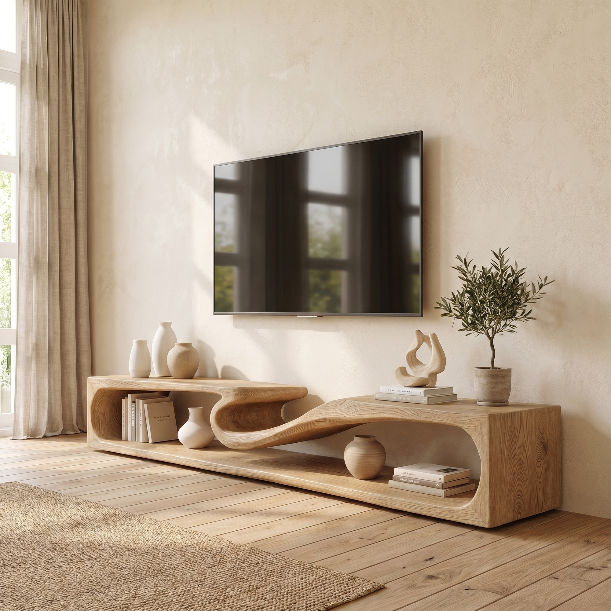 Minimalist TV Cabinet With Rounded Edge Wood Frame And Open Storage Design For Living Room