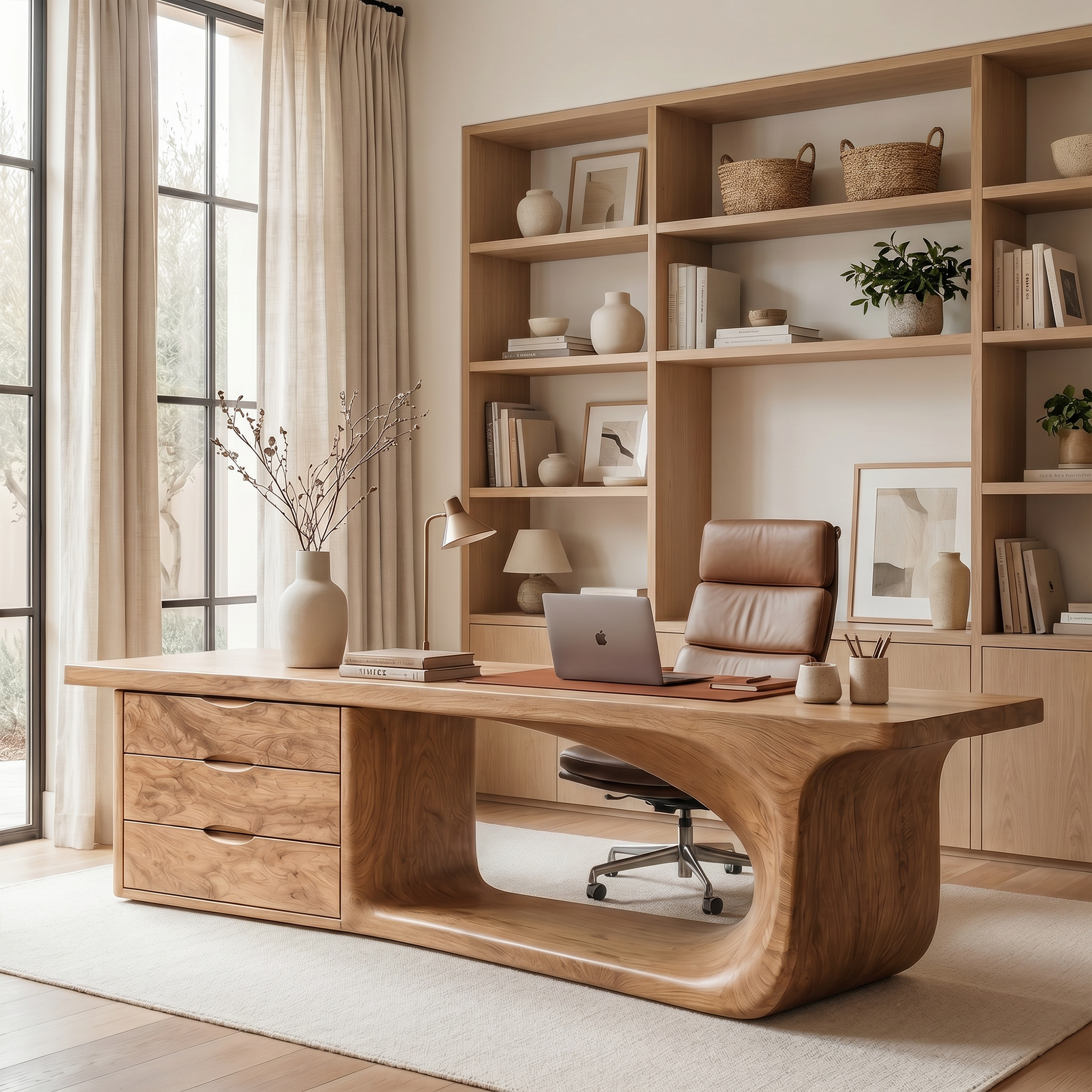 Rustic Executive Desk With Sculptural Solid Wood Base And Integrated Storage For Home Office
