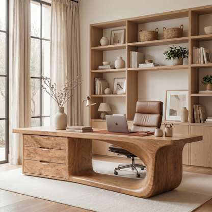 Rustic Executive Desk With Sculptural Solid Wood Base And Integrated Storage For Home Office