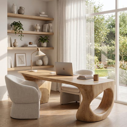Contemporary Desk With Sculptural Loop Wood Base And Solid Wood Top For Home Office And Workspace