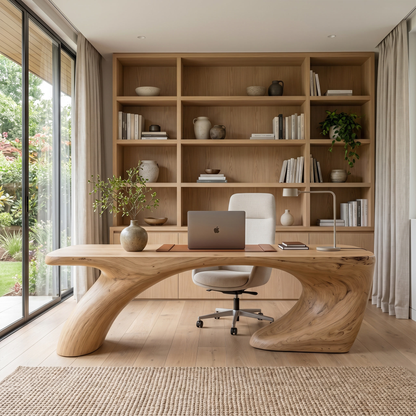 Modern Organic Desk With Sculptural Curved Wood Base And Solid Wood Top For Home Office And Workspace