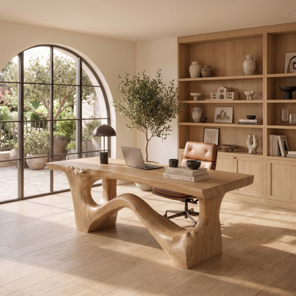 Organic Sculptural Desk With Asymmetrical Wood Base And Solid Wood Top For Home Office And Workspace
