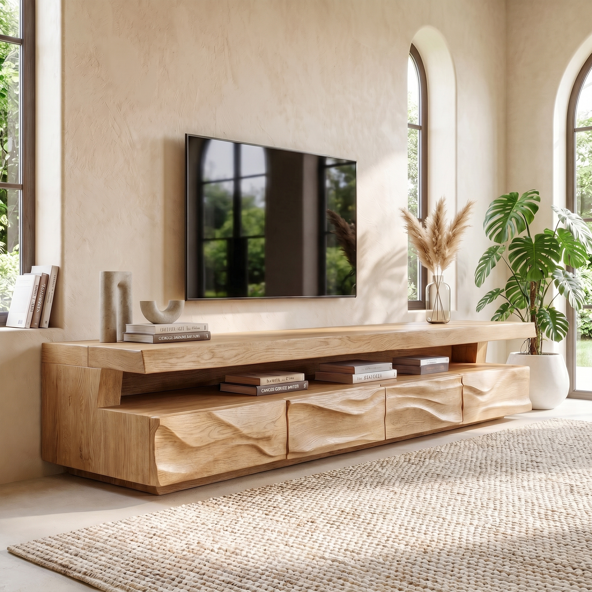 Modern TV Stand With Hand Carved Solid Wood Front And Media Storage For Living Room