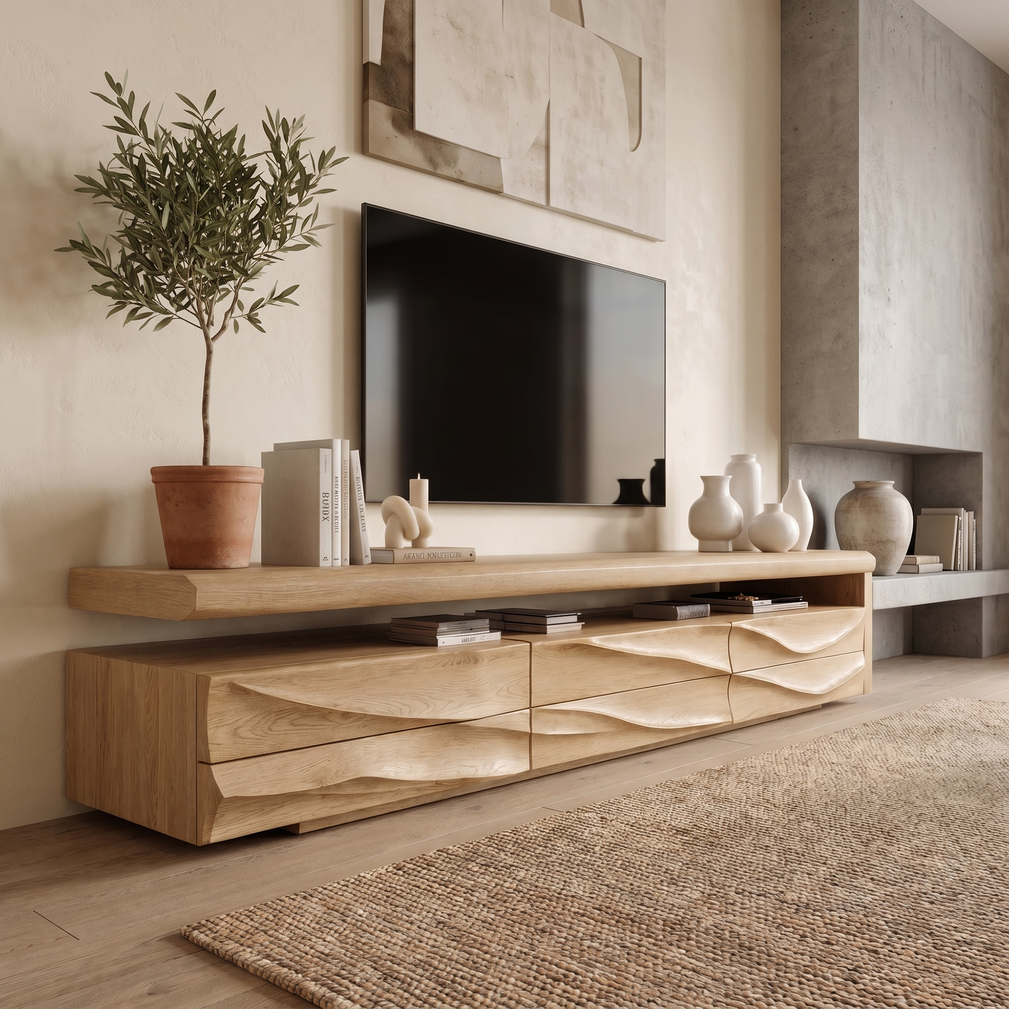 Organic Modern TV Cabinet With Handcrafted Solid Wood Design For Living Room