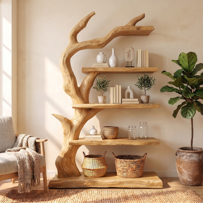 Rustic Tree Bookshelf With Handcrafted Branch Design And Open Display Shelves For Living Room