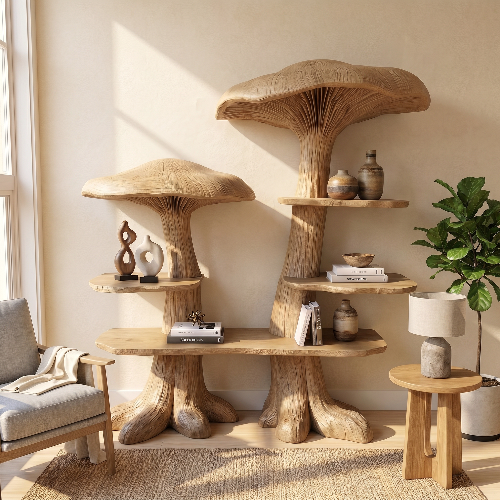 Nature Inspired Mushroom Bookshelf With Open Display Storage For Living Room