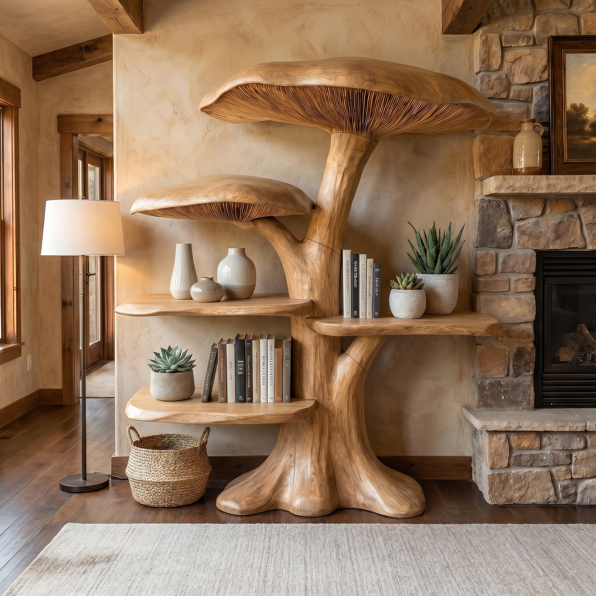 Organic Mushroom Shelf With Sculptural Solid Wood Form For Living Room