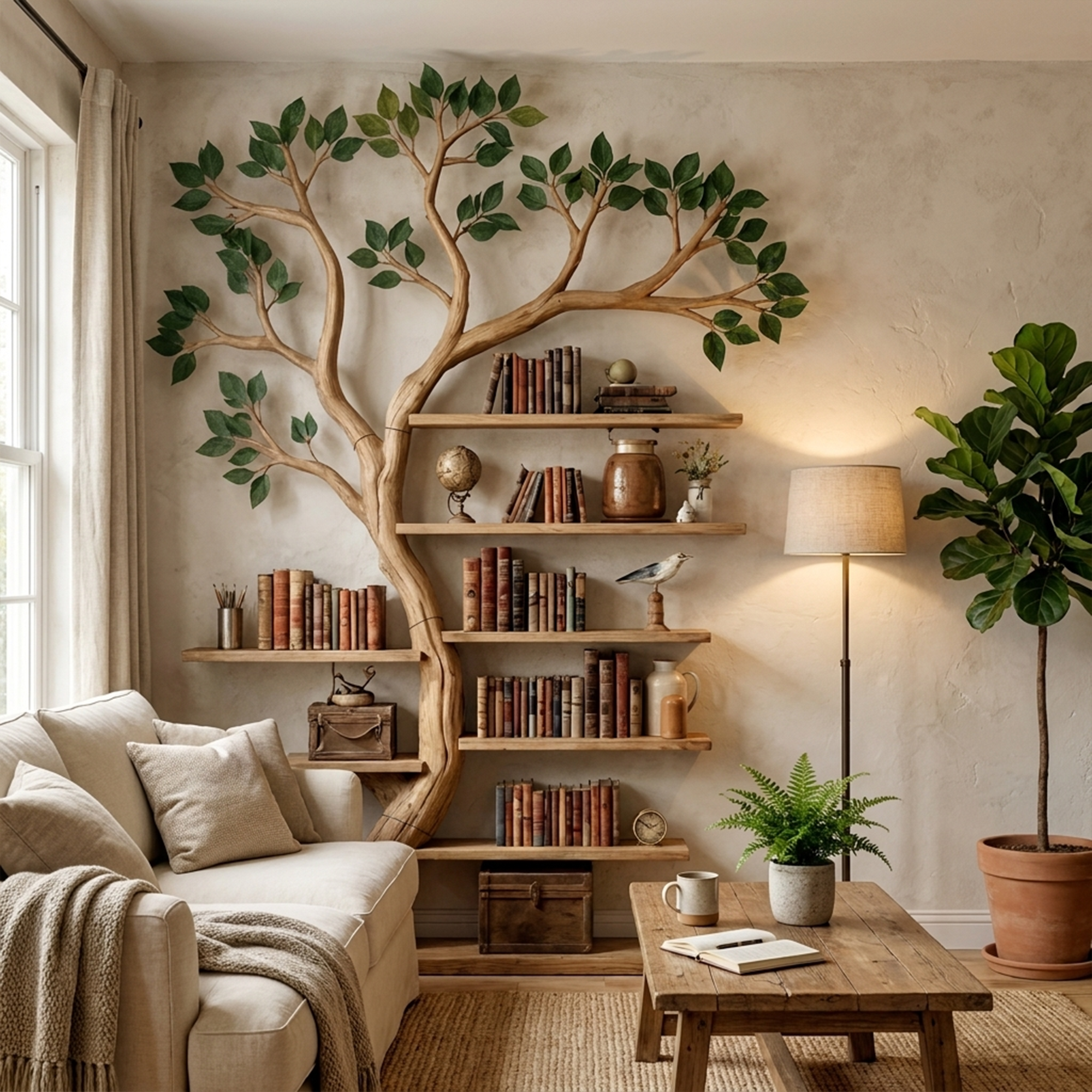 Rustic Tree Bookshelf Living Room Office Artistic Wall Display