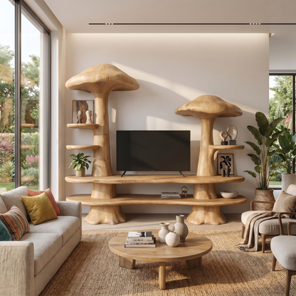 Rustic Mushroom TV Cabinet With Open Display Storage And Media Console For Living Room