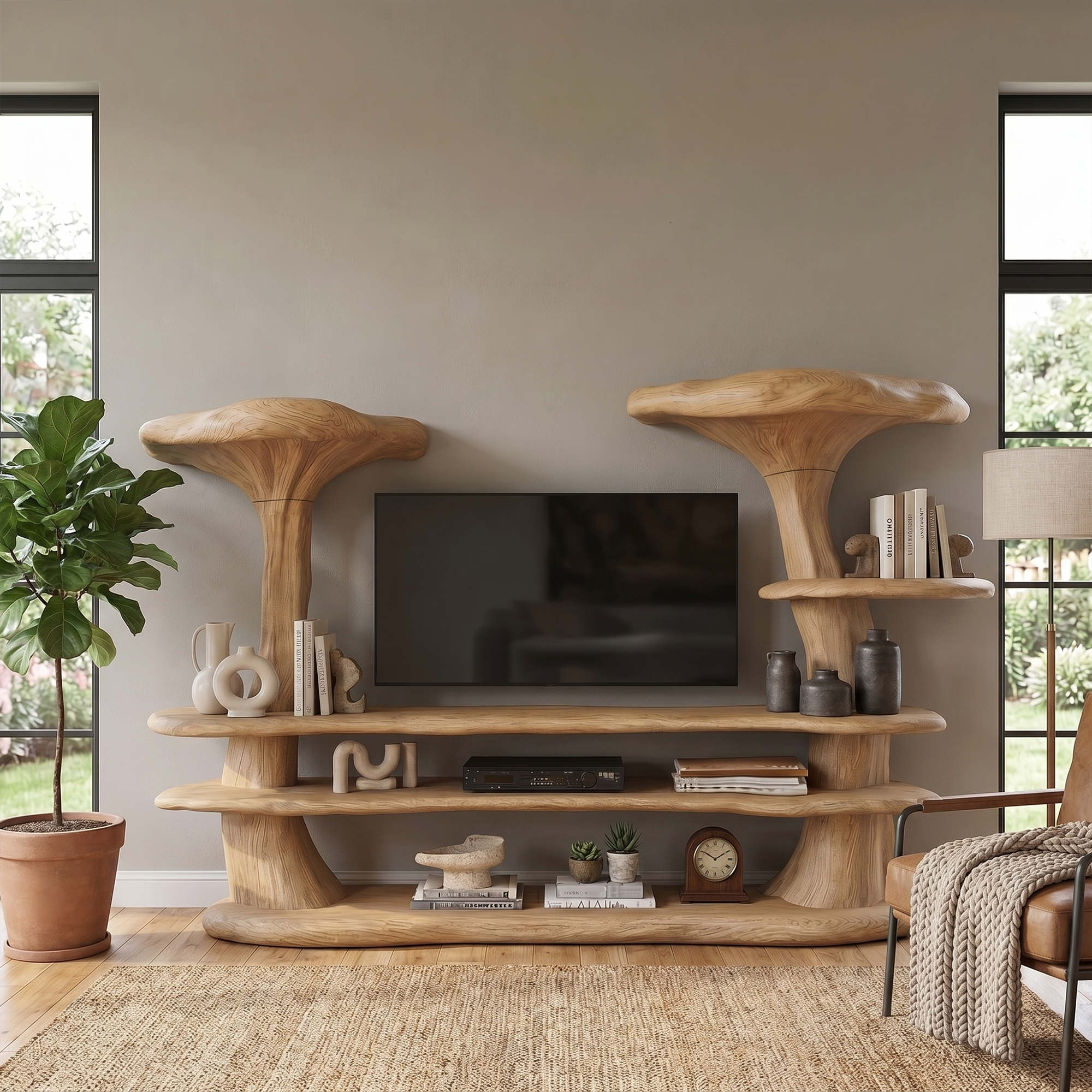 Organic Mushroom TV Stand With Sculptural Solid Wood Design For Living Room