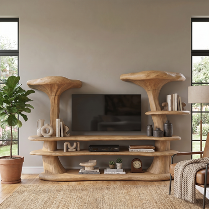 Organic Mushroom TV Stand With Sculptural Solid Wood Design For Living Room