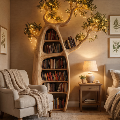 Artistic Tree Bookshelf With Illuminated Branch Crown For Living Room