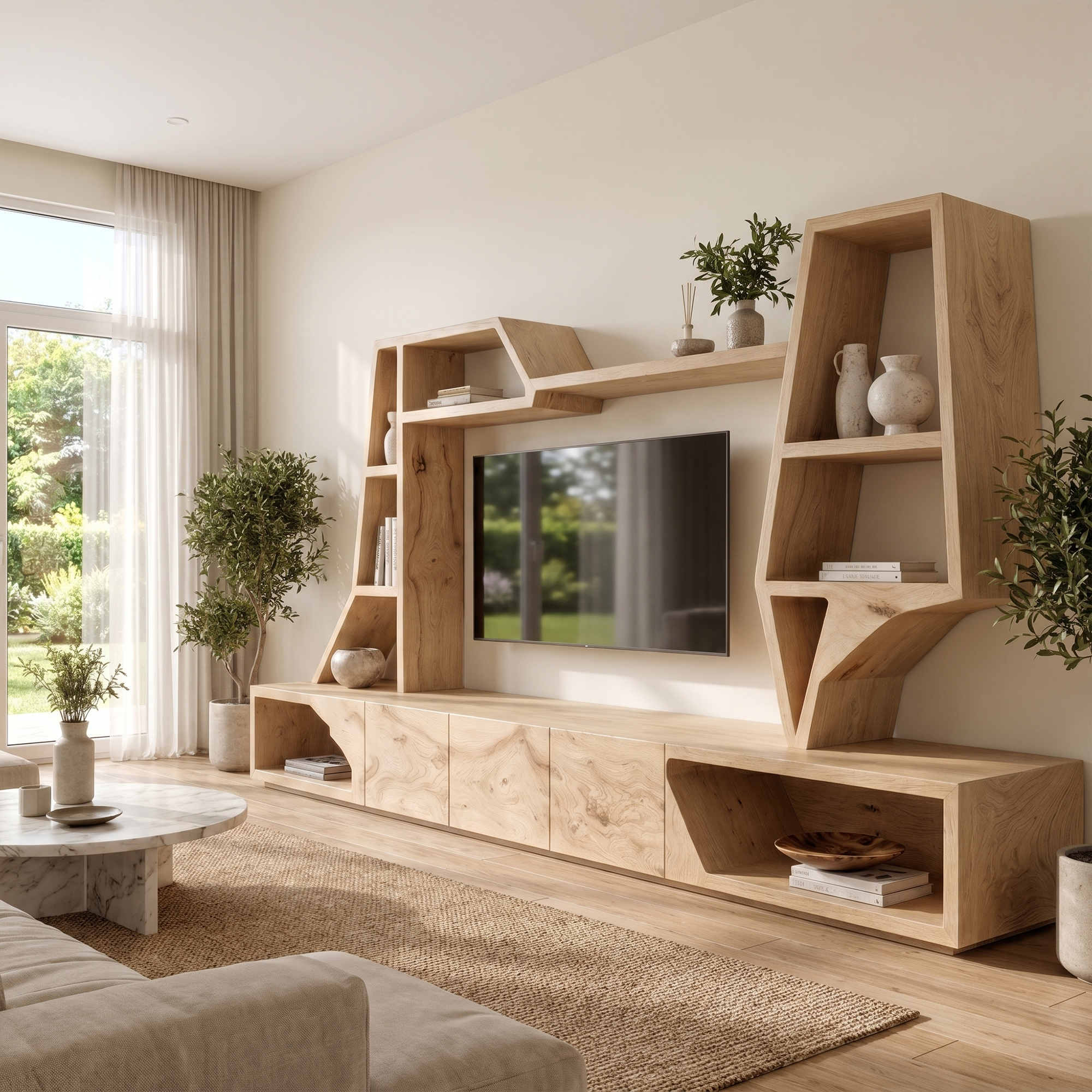 Organic TV Cabinet With Sculptural Branch Shelving And Wall Mounted Storage For Living Room