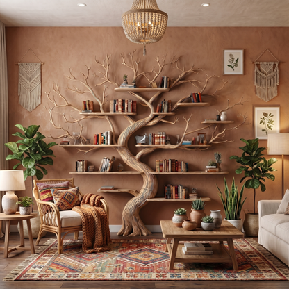 Rustic Tree Wall Bookshelf Bedroom Lounge